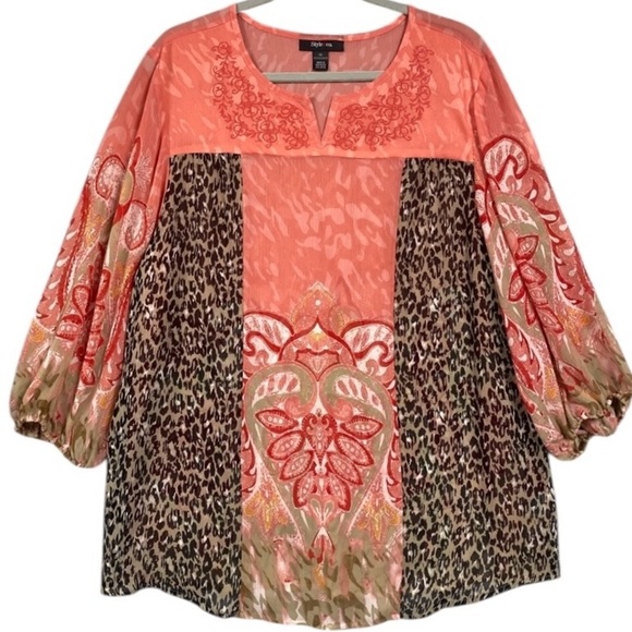 Style & Co Embroidered Leopard Paisley Print Sheer Peasant Blouse Size XL - Picture 1 of 9